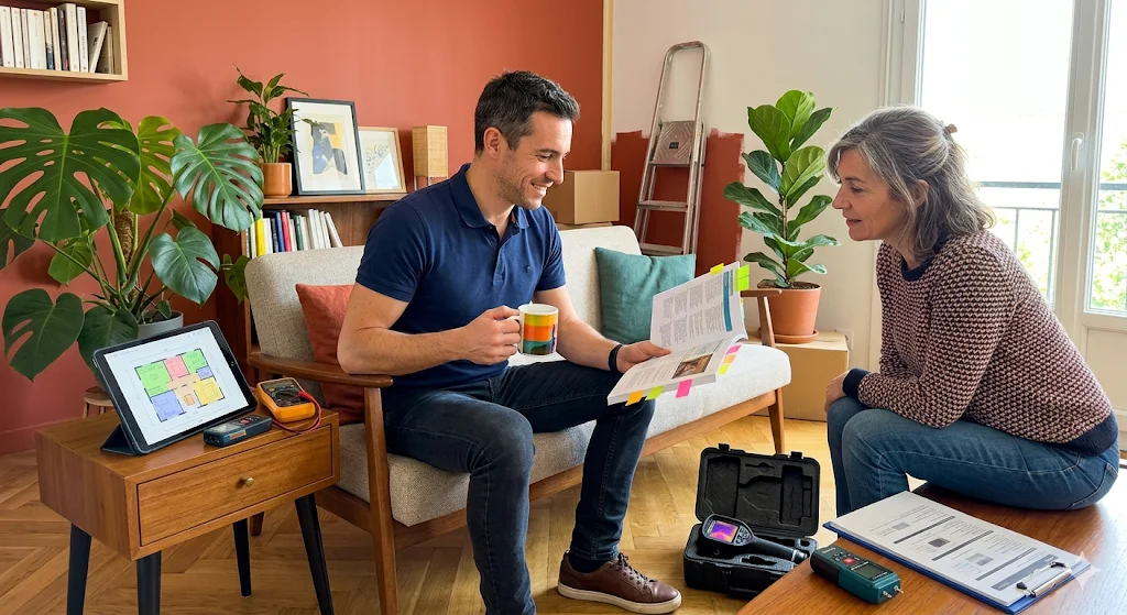 Diagnosticien détendu avec guide et calculatrice dans un salon moderne français ensoleillé