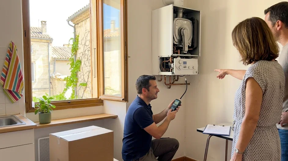 Diagnostiqueur contrôlant une chaudière à gaz et ses raccords lors d'un diagnostic gaz