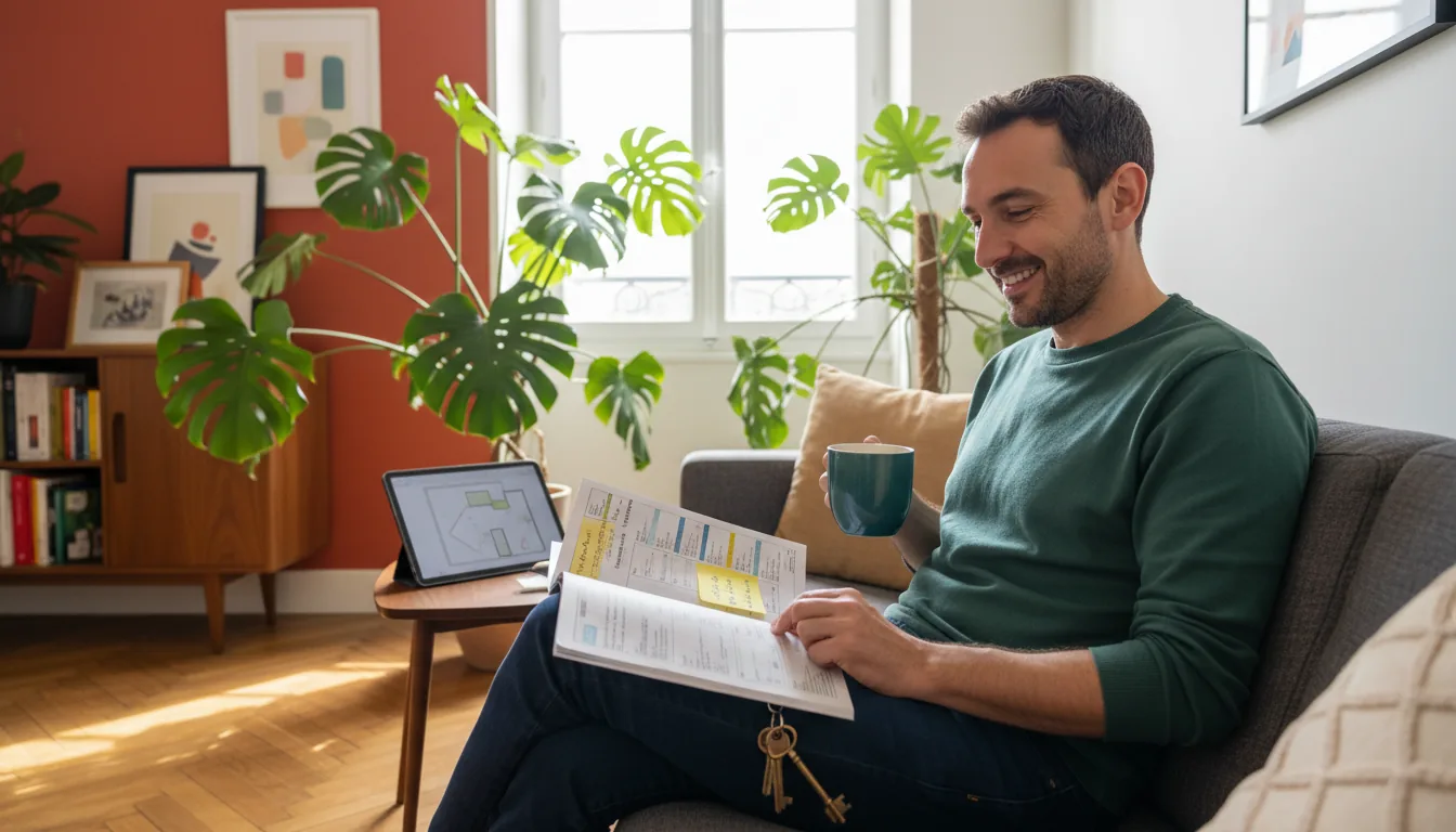 Diagnostiqueur en appartement comparant les diagnostics des parties privatives et communes d'une copropriété, jeu de clés sur la table