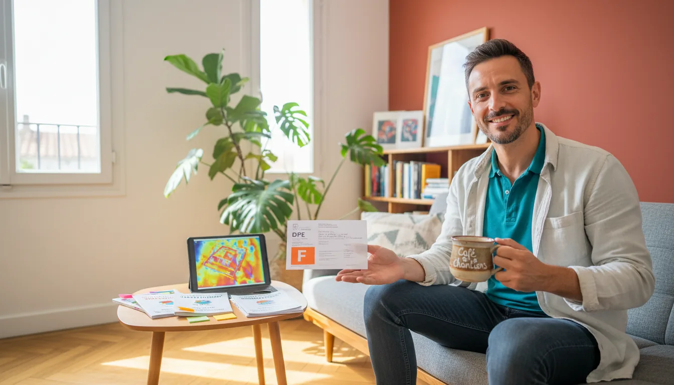Diagnostiqueur consultant l'étiquette énergie d'un DPE avec son rapport et son télémètre sur une table