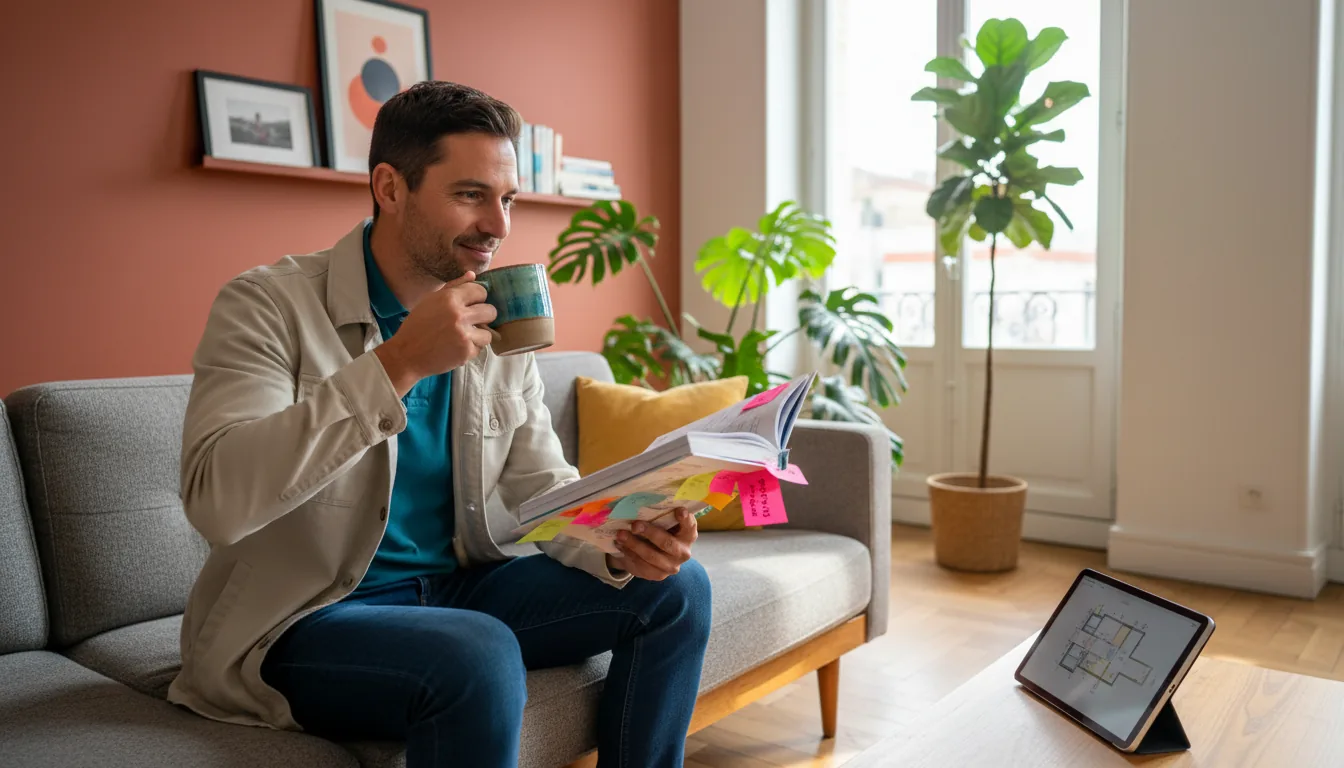 Diagnostiqueur préparant le dossier de diagnostic technique pour la vente d'une maison sur une table de salon