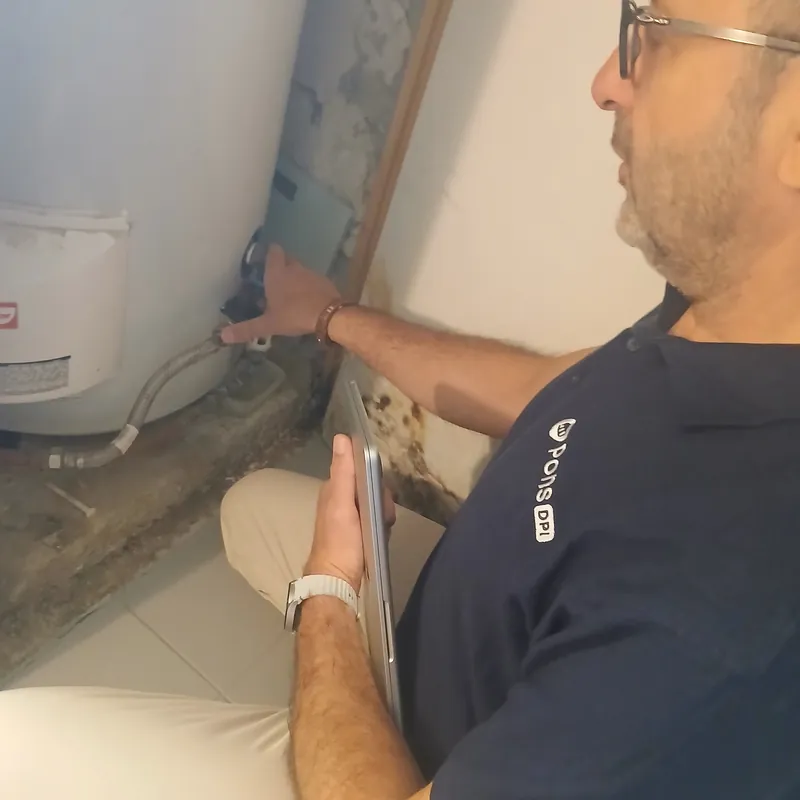 Guillaume Pons examine les raccordements d’un chauffe-eau, tablette à la main